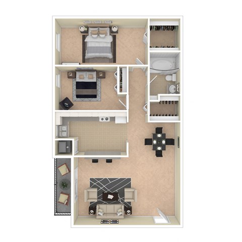 Floor plan for 2 beds, 1 bath, 803 sqft